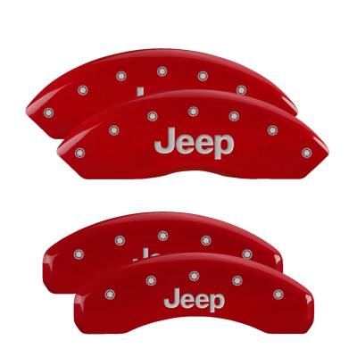 MGP Caliper Covers - MGP Caliper Covers 42018SJEPRD 4PC Engraved F/R Red for 18-25 Jeep Wrangler JL