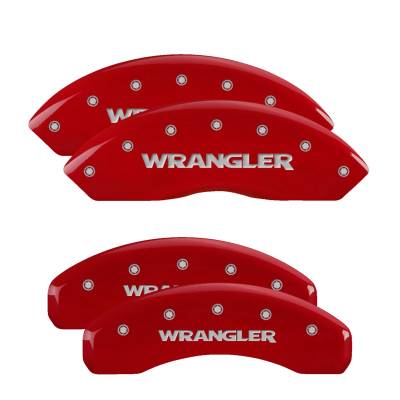 MGP Caliper Covers - MGP Caliper Covers 42018SWRGRD 4PC Engraved F/R Red for 18-25 Jeep Wrangler JL