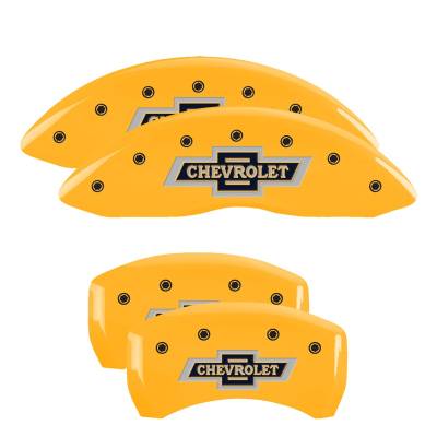 MGP Caliper Covers - Set of 4: Yellow Finish Black 100 Anniversary Chevrolet
