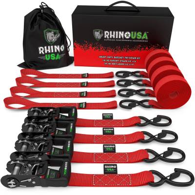 Rhino USA - Rhino USA HDKIT-4PK Red 1.6"x8' Heavy Duty Ratchet Tie-Down 4pc Red