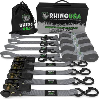 Rhino USA - Rhino USA RCHT-4PACK-GRY Medium Duty Ratchet Strap Tie-Down 4pc Gray