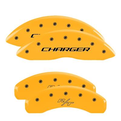 MGP Caliper Covers - MGP Caliper Covers 12088SCHRYL 4PC Engraved Front/Rear Yellow for 06-20 Dodge