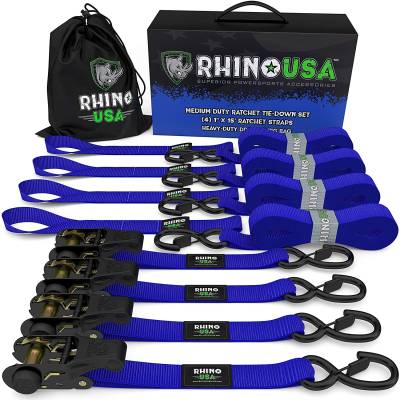 Rhino USA - Rhino USA RCHT-4PACK-BLU Medium Duty Ratchet Strap Tie-Down 4pc Blue
