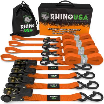 Rhino USA - Rhino USA RCHT-4PACK-ORG Medium Duty Ratchet Strap Tie-Down 4pc Orange