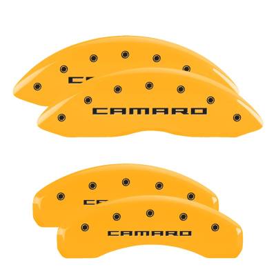 MGP Caliper Covers - MGP Caliper Covers 14033SCA5YLFront/Rear 4pc Yellow Engraved 10-15 Chevy Camaro