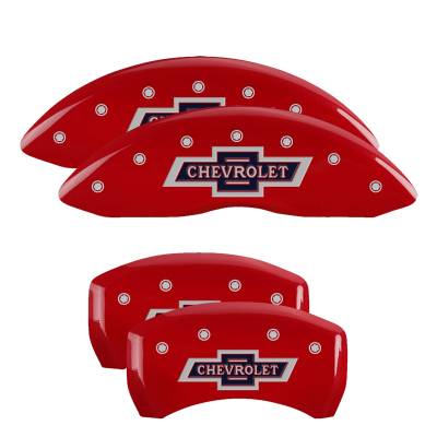 MGP Caliper Covers - MGP Caliper Covers 14260SBANRD 4pc Red Finish w/Silver 100 Anniversary for Chevy