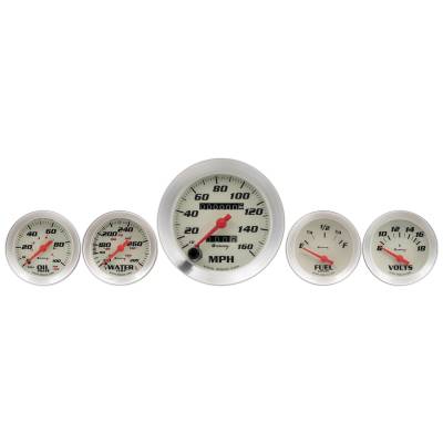 Equus - Equus E8500 Gauge Set 3-3/8" Mech Speedo 2" OilP/WTemp/Fuel/Volt White 8000