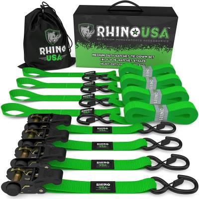 Rhino USA - Rhino USA RCHT-4PACK-GRN Medium Duty Ratchet Strap Tie-Down 4pc Green