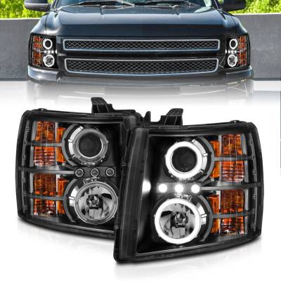 Anzo USA - Anzo USA 111200 Black Projector Headlight Set w/LED Halo Silverado