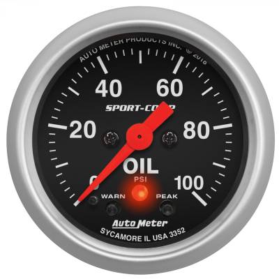 AutoMeter - AutoMeter 3352 Sport-Comp Oil Pressure w/Peak & Warn Gauge 0-100PSI 2-1/16"