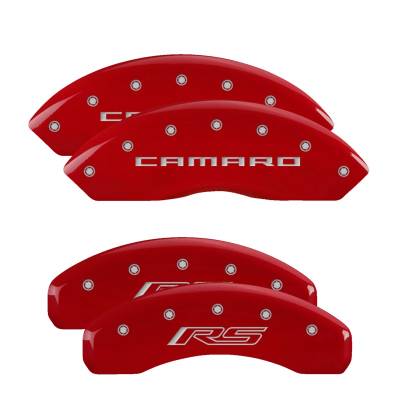 MGP Caliper Covers - MGP Caliper Covers 14240SCR5RD Front/Rear 4pc Red Engraved 16-24 Chevy Camaro