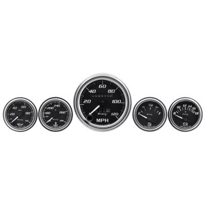 Equus - Equus E7500 Gauge Set 3-3/8" Mech Speedo 2" OilP/WTemp/Fuel/Volt Black Chrome