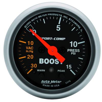 AutoMeter - AutoMeter 3376 Sport-Comp Vacuum/Boost Gauge w/Peak & Warn 30" HG/15PSI 2-1/16"