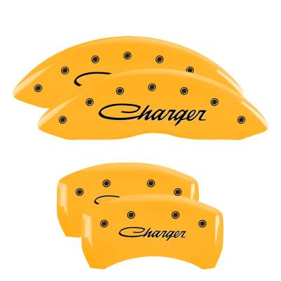 MGP Caliper Covers - 4pc Yellow Finish Black Charger Cursive