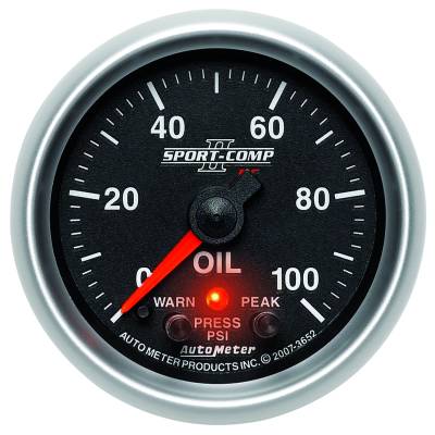 AutoMeter - AutoMeter 3652 Sport-Comp Oil Temp w/Peak & Warn 0-100PSI 2-1/16" Stepper Motor