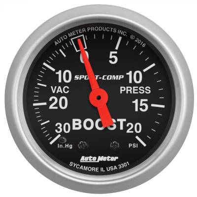 AutoMeter - AutoMeter 3301 Sport-Comp Vacuum/Boost Mech Gauge 30" HG/20PSI 2-1/16"