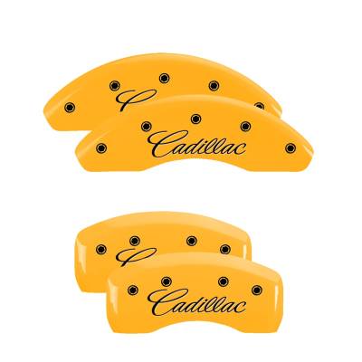 MGP Caliper Covers - MGP Caliper Covers 35032SCADYL 4pc Engraved F&R Cadillac Cursive Yellow