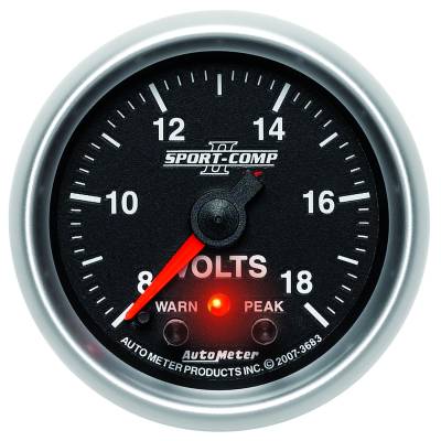 AutoMeter - AutoMeter 3683 Sport-Comp II Volt Meter w/Peak & Warn Gauge 8-18V 2-1/16"