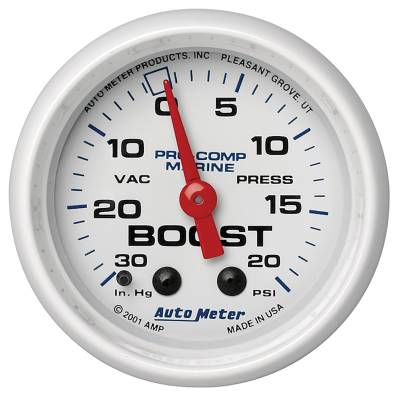 AutoMeter - AutoMeter 200774 Marine Mechanical Vacuum/Boost Gauge White 30" HG/20Psi 2-1/16"