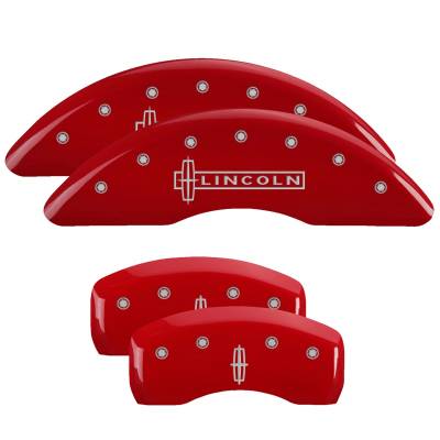 MGP Caliper Covers - MGP Caliper Covers 36029SLC1RD 4pc Engraved Front Lincoln Rear Star Logo Red