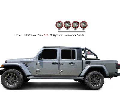 Black Horse Off Road - Black Horse RB09BK-PLFR Roll Bar Kit w/LED Flood Lights RED for 20-25 Gladiator