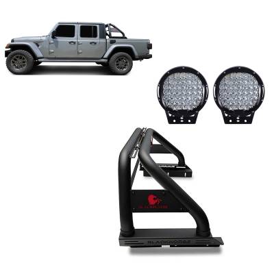 Black Horse Off Road - Black Horse RB09BK-PL69B Roll Bar Kit w/9" LED Lights Black for 20-25 Gladiator