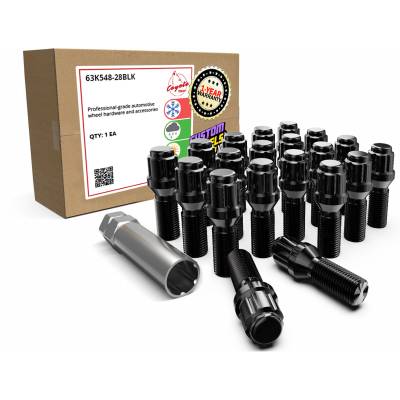 Coyote Premium Wheel Accessories - Coyote 63K548-28BLK Black Spline Bolt Lugs M14x1.5 x 28mm 5-Lug Car