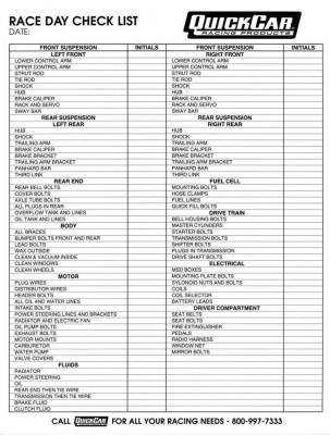 QUICKCAR RACING PRODUCTS - QuickCar Racing Products QRP51-237 Race Day Check-List