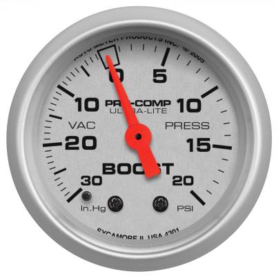 AutoMeter - AutoMeter 4301 Ultra-Lite Mechanical Vacuum/Boost Gauge 30" HG/20PSI 2-1/16"