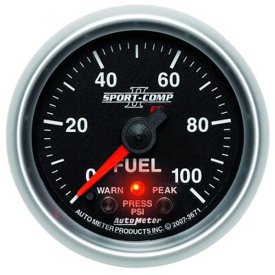 AutoMeter - AutoMeter 3671 Sport-Comp II Fuel Pressure w/Peak & Warn Gauge 0-100PSI 2-1/16"