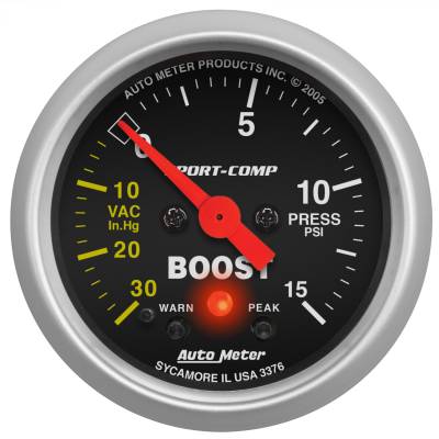 AutoMeter - AutoMeter 3376 Sport-Comp Vacuum/Boost Gauge w/Peak & Warn 30" HG/15PSI 2-1/16"