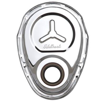 Edelbrock - Edelbrock 4860 Timing Cover SBC Stamped Steel w/Welded Star & Logo Chrome