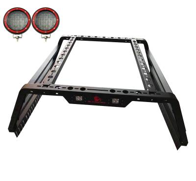 Black Horse Off Road - Black Horse TR01B-PLFR Overland Bed Rack w/5.3" RED LED Blk 800 Lbs Capacity