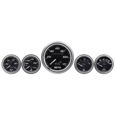 Equus - Equus E7500 Gauge Set 3-3/8" Mech Speedo 2" OilP/WTemp/Fuel/Volt Black Chrome
