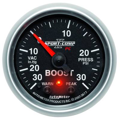 AutoMeter - AutoMeter 3677 Sport-Comp II Vacuum/Boost w/Peak & Warn 30' HG/30PSI 2-1/16"