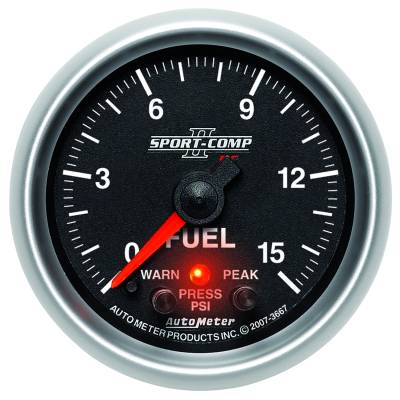 AutoMeter - AutoMeter 3667 Sport-Comp II Fuel Pressure w/Peak & Warn Gauge 0-15PSI 2-1/16"