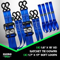 Rhino USA - Rhino USA TD-GC1.6X15-BLU 1.6"x15' Heavy Duty Ratchet Tie-Down 4pc Blue - Image 2
