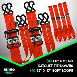 Rhino USA - Rhino USA TD-GC1.6X15 Red 1.6"x15' Heavy Duty Ratchet Tie-Down 4pc Red - Image 2
