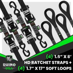 Rhino USA - Rhino USA HD-RATCHETKIT-4PK 1.6"x8' Heavy Duty Ratchet Tie-Down 4pc Black - Image 2
