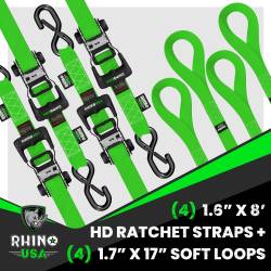 Rhino USA - Rhino USA HDKIT-4PK-GRN 1.6"x8' Heavy Duty Ratchet Tie-Down 4pc Green - Image 2