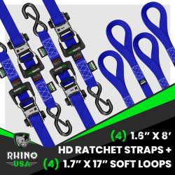 Rhino USA - Rhino USA HDKIT-4PK-BLU 1.6"x8' Heavy Duty Ratchet Tie-Down 4pc Blue - Image 2