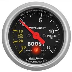AutoMeter - AutoMeter 3376 Sport-Comp Vacuum/Boost Gauge w/Peak & Warn 30" HG/15PSI 2-1/16" - Image 1
